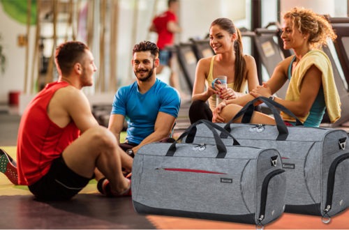 4 people gossiping together with their duffel gym backpack
